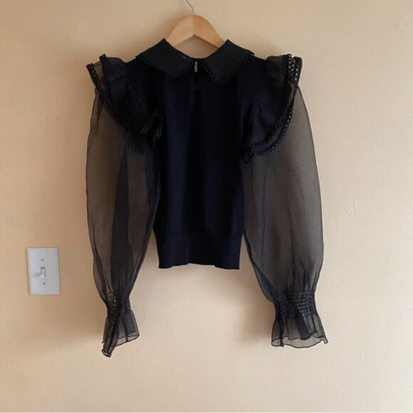 Zara Contrast Organza Sweater Small Puff Sheer Sleeves Collar Witchy Goblin Goth - Picture 3 of 16